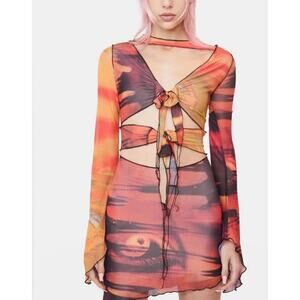 Jaded London Eye Print Cut Out Mesh Mini Dress Size S 4 Sheer Y2K Cyber Grunge